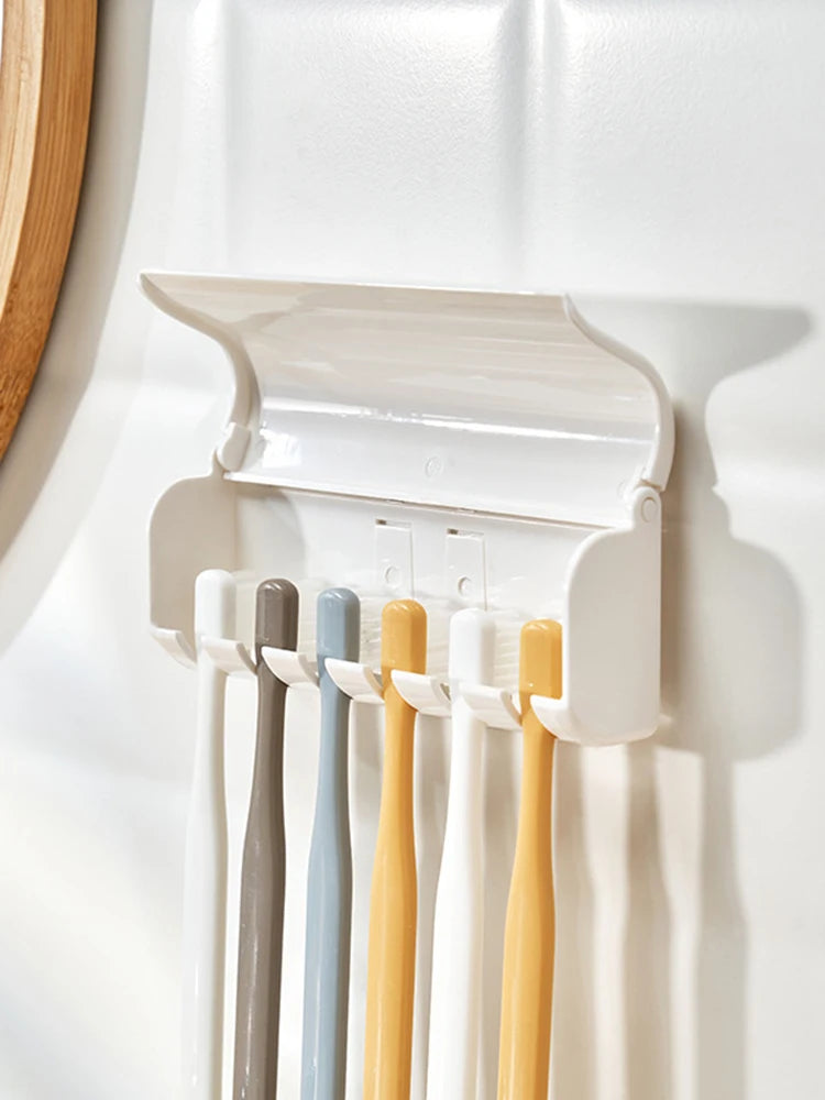1 For Household 6-Tooth Brush Hook, Wall-Mounted Plastic Toothbrush Holder, Suitable For Bathroom, Rv, Cabinet Storage, White