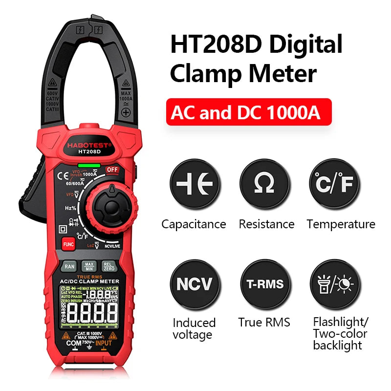 HT208A/D AC/DC Digital Clamp Meter Multimeter Clamp Ammeter True RMS High Precision Capacitance NCV Ohm Hz Tester