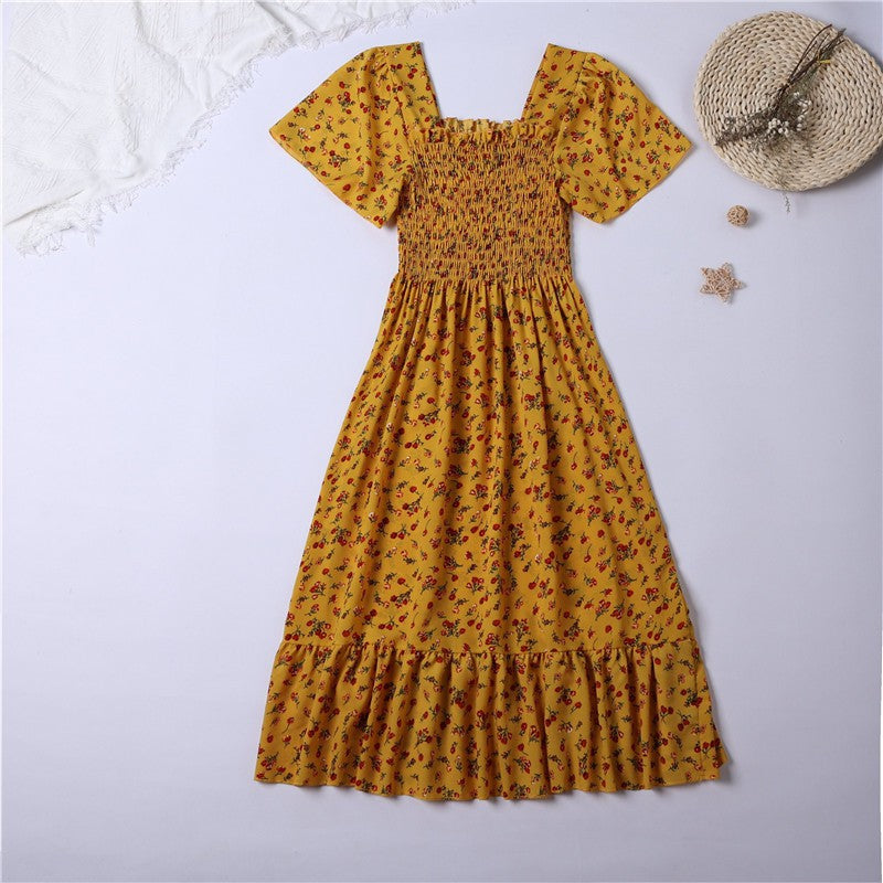 Spring Summer Chiffon Dress Women Midi Dresses Female Short Sleeve Elastic Waist Printed Floral Pleated Backless Casual Dress