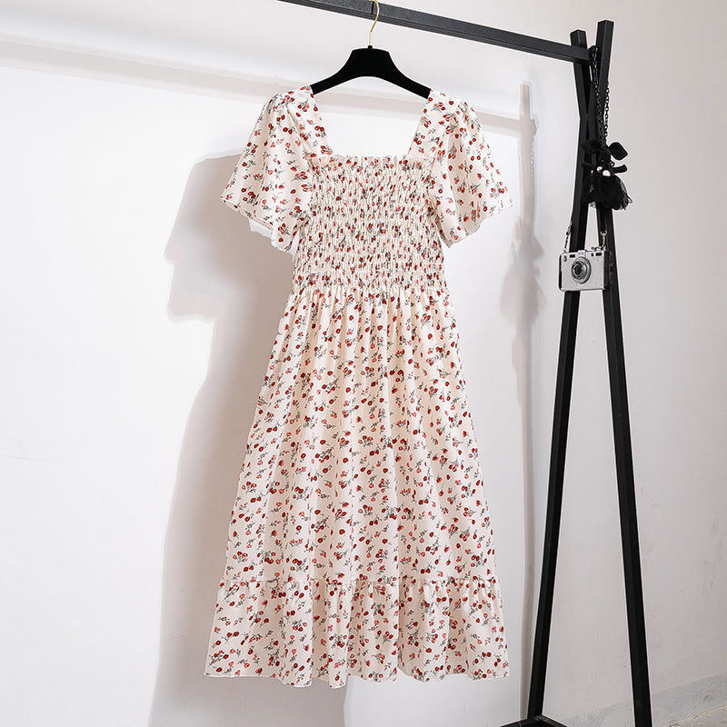 Spring Summer Chiffon Dress Women Midi Dresses Female Short Sleeve Elastic Waist Printed Floral Pleated Backless Casual Dress
