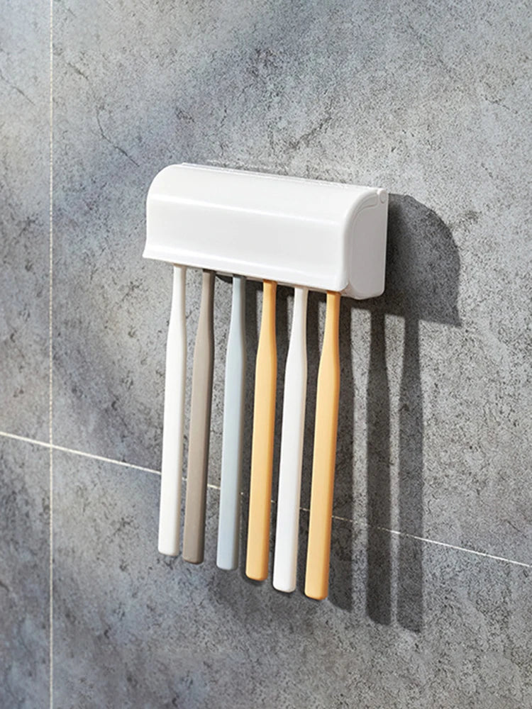 1 For Household 6-Tooth Brush Hook, Wall-Mounted Plastic Toothbrush Holder, Suitable For Bathroom, Rv, Cabinet Storage, White