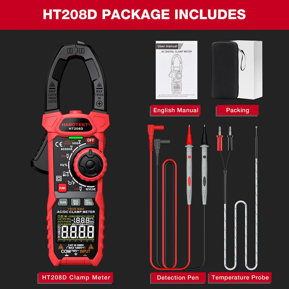 HT208A/D AC/DC Digital Clamp Meter Multimeter Clamp Ammeter True RMS High Precision Capacitance NCV Ohm Hz Tester