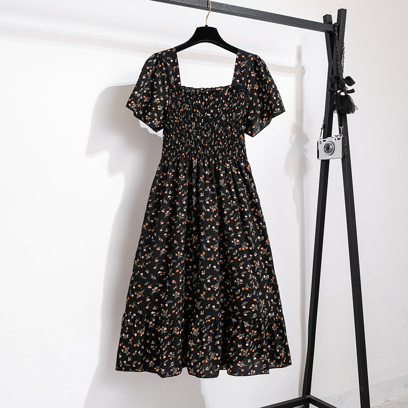 Spring Summer Chiffon Dress Women Midi Dresses Female Short Sleeve Elastic Waist Printed Floral Pleated Backless Casual Dress