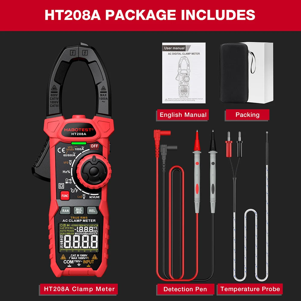 HT208A/D AC/DC Digital Clamp Meter Multimeter Clamp Ammeter True RMS High Precision Capacitance NCV Ohm Hz Tester