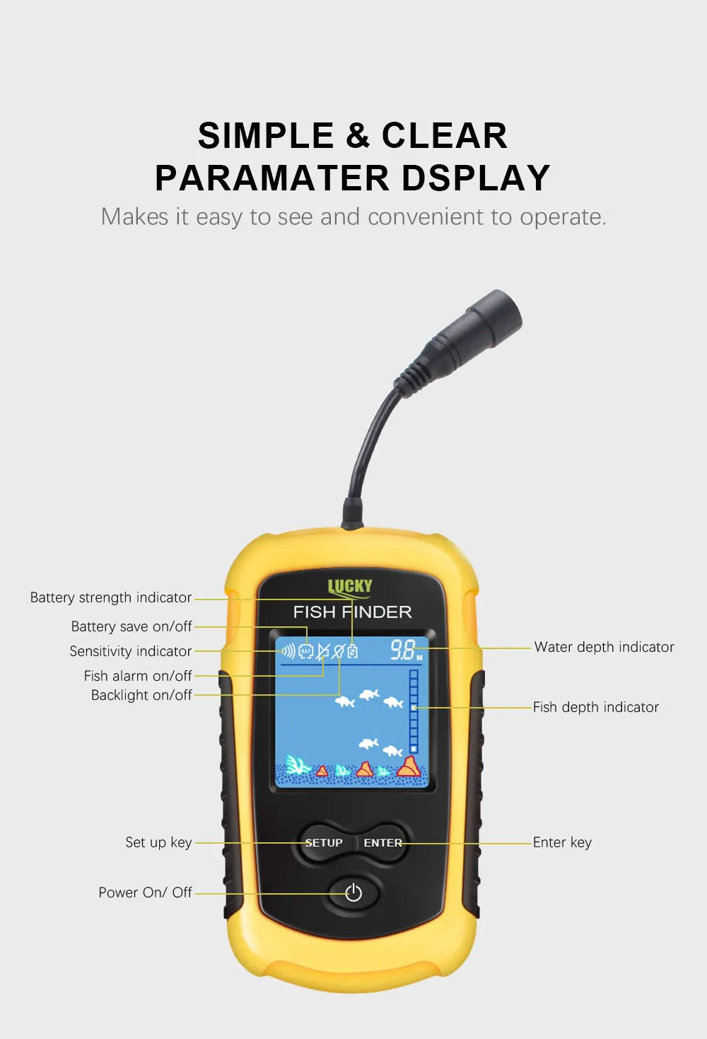 FFC1108-1 Alarm 100M Portable Sonar Fish Finders 45-Degree Sonar Coverage Echo Sounder Alarm Transducer Lake Sea Fishing