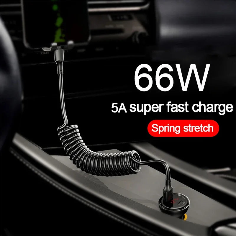 66W & LIGHTNING PD Fast Charging Type C to Type C Spring Telescopic Cable For iPhone 15 14 Samsung Xiaomi OnePlusCar USB Type C