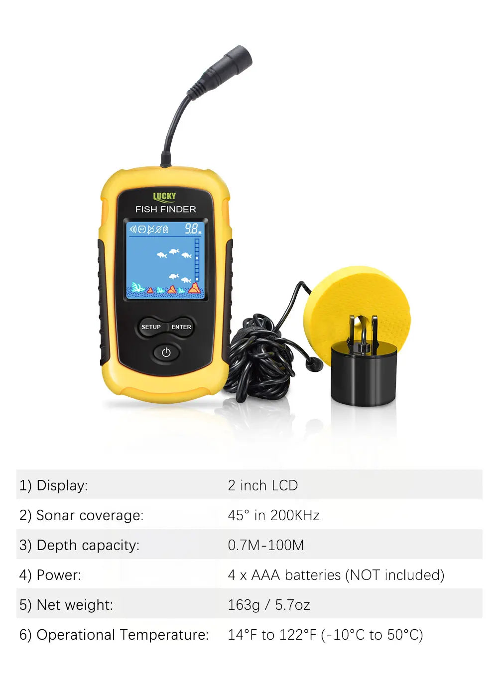 FFC1108-1 Alarm 100M Portable Sonar Fish Finders 45-Degree Sonar Coverage Echo Sounder Alarm Transducer Lake Sea Fishing