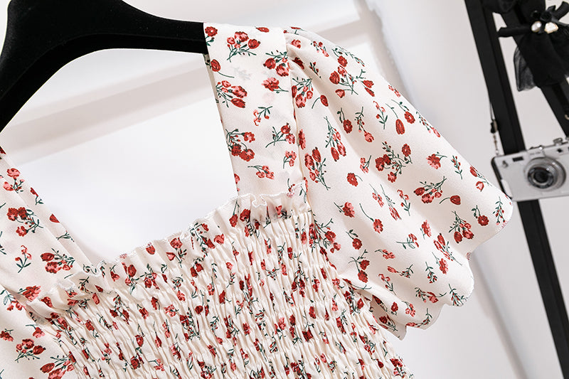 Spring Summer Chiffon Dress Women Midi Dresses Female Short Sleeve Elastic Waist Printed Floral Pleated Backless Casual Dress