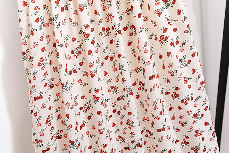 Spring Summer Chiffon Dress Women Midi Dresses Female Short Sleeve Elastic Waist Printed Floral Pleated Backless Casual Dress