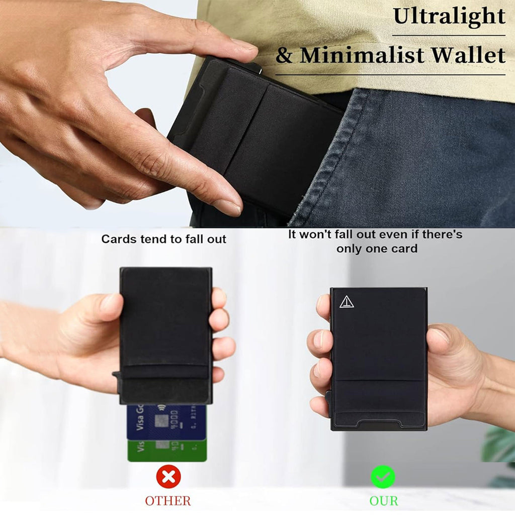 Slim RFID Blocking Wallets, Pop Up Minimalist Card Holder for Men & Women, Metal Thin Front Pocket Wallet Credit Card Holder with Elastic Coin Pocket