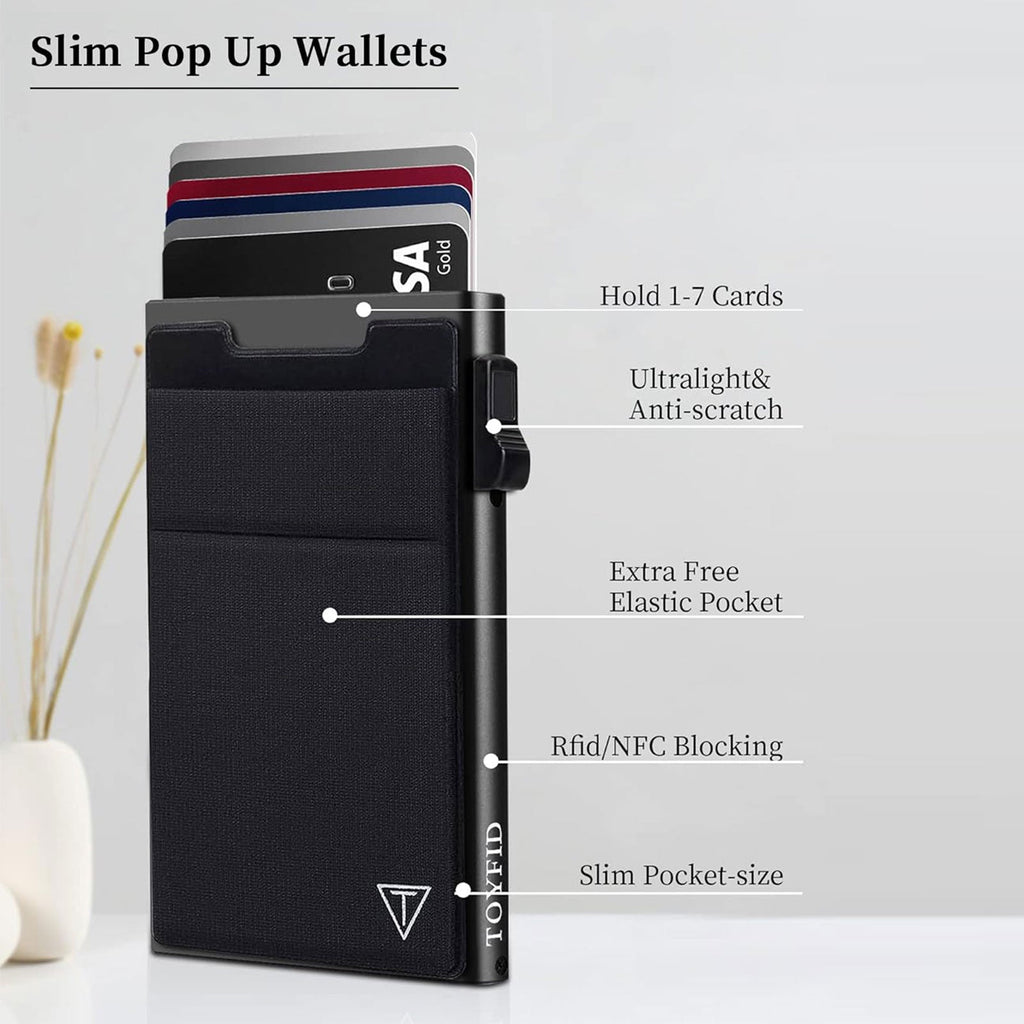 Slim RFID Blocking Wallets, Pop Up Minimalist Card Holder for Men & Women, Metal Thin Front Pocket Wallet Credit Card Holder with Elastic Coin Pocket